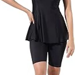 Women's Plain Peplum Style Half Sleeves Swimming Costume with Attached Cycling Short Swimwear-image-25