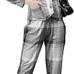 Women White and Grey Checkered Ruffled Sleeve Coat and Trousers Co-ord Set-image-3