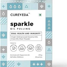 Cureveda Sparkle Oil Pulling for Mouth, Healthy Teeth & Stronger Gums | Herbal Mouthwash with Virgin Coconut Oil | For Mouth Detox & Fresh Breath | Peppermint Flavour (270 gm) (30 Sachet)-image-84