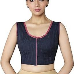 U Neck Stitched Blue Pure Cotton Sleeveless Womens Blouse-image-42