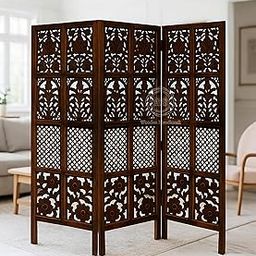 AS Wooden Handicraft Wooden Room Divider, 3-Panel Screen Separator | Studio Wall Panel Partition Screen with Carved Floral Design | Foldable and Decorative for Living Room/Bedroom with Lattice Design-image-7