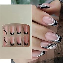 S.A.V.I 24Pc Nude & Black French Glitter Coffin Fake Nails - Manicure Press On with Adhesive & Glue-image-51