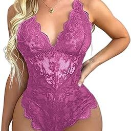 VSNAZ Floral Lace Bodysuit, V-Neck Teddy Lingerie, Scalloped Trim, Purple-image-80