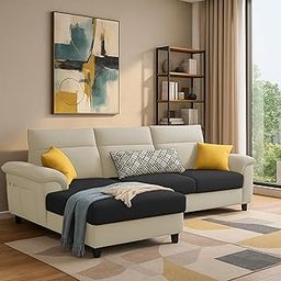 GRAPEWOOD Nelson LHS 4 Seater L Shape Sofa for Living Room (Cream Black Fabric) Premium Fabric Sofa Set-image-80
