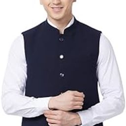 Men's Contemporary Fit Solid Pattern Pure Polyester Sleeveless Dark Blue Ceremonial Waist Coat-image-11