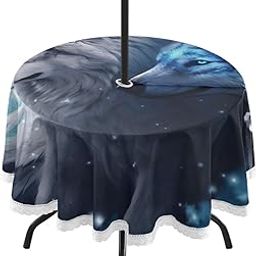 Wajiw 60 Inch Indoor Outdoor Round Tablecloth with Umbrella Hole and Zipper Waterproof Patio Table Cover for Camping Dining Room Party Outdoor Picnic,Wolf-image-83