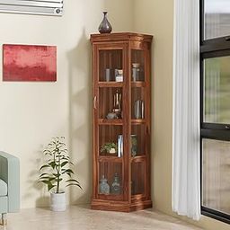 Wood Corner Book Shelf with Glass Door, Premium Wooden Bookshelf for Home Library, Crockery Cabinet, Kitchen Display Cabinet, Book Rack, Book Stand, Wooden BookCases, For LivingRoom Walnat Finish-21