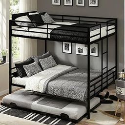 Bed with Trundle and Ladder for,Adult,Teenagers,Heavy Duty Metal Bunk Bed w/Full Length Guardrail for Dorm,Bedroom,Guest Room,No Box Spring Needed,Black-image-56