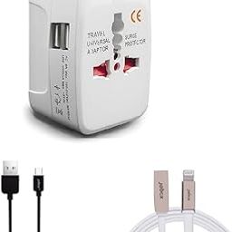 Universal Dual USB Port Travel Adapter with 2 Cables [ Type C + lPhone] Fast Charging, International Ports Plug All in One Portable Travel Adapter Compatible with Smart Phone, Laptop, Camera, Tablet-13