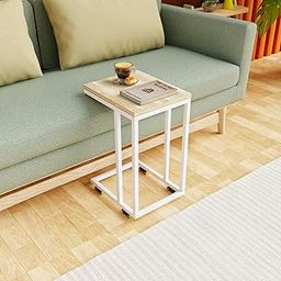 INIRO Premium Metal Side Table with Wooden Top - Versatile Living Room, Bedside & Sofa Side Stand with Smooth-Gliding Caster Wheels - Modern Industrial End Table & Portable Stool (White Brown)-64