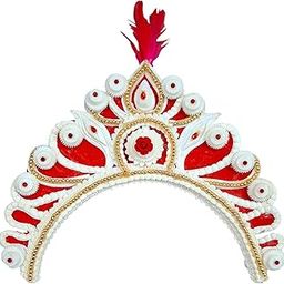 Bridal Shola Mukut Design for Bengali Wedding, Women's Tiara Crown Hair Accessories for Hindu bride, Red White Golden Biyer White Solar Mukut for Marriage-image-62