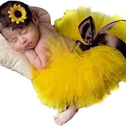 BabyMoon Sunflower Costume | Tutu Skirt with Hairband | 0-1 Month | Set of 2 | Yellow-0