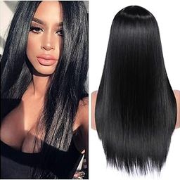 Synthetic Wig for Women, 28 inch Long Straight Natural Black Hair, Middle Part, Heat Resistan wig cap 1-image-64