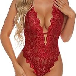 Sexy Lingerie Women Hollow Out Floral Lace Bodysuit One Piece Lingerie Deep V Teddy Babydoll Underwear-image-4