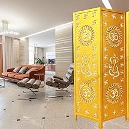 Musa Kazim Wooden Partition/Wall Screen / 3 Panel Partition/Room Separators/Living Room/Wooden Room Wall Divider | Wooden Hall Partition Furniture (Golden/White)(20x72 Inch)-image-47