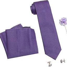 Mens Plaid Micro Self Silk Necktie Tie Gift Set With Pocket Square, Cufflinks & Brooch Pin Formal Tie With Leatherite Box (SIDIRB, Free Size)-image-102