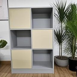 6-Cube Storage Cabinet Organiser with Doors, Grey and Cream, Modern Bookshelf Display Unit for Living Room,Office Cupboard-13