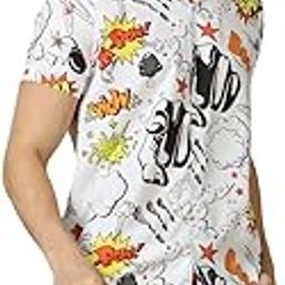 Men's Licra Co-ord Set Shirt and Shorts Set || Men Night Set || Lounge wear Shirt & Shorts Combo Beach Wear Picnic Wear Night Wear for Men & Boys. (White Multi, L)-image-73