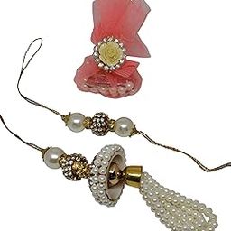 Pearl Beaded Lumba Rakhi Set with Crystal Tassel and Pink Net roli chawal potli, pack of 3-7
