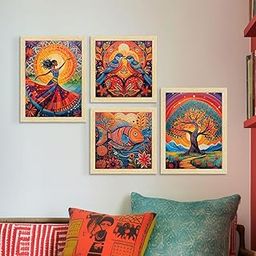 ArtX Paper Madhubani Art Paintings with Frame for Home Decor, Wall Painting for Living Room, Multicolor, Natural Wood Color Frames, Set of 4-image-107