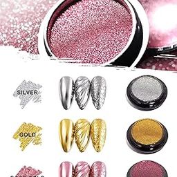 Nail Art Chrome Powder Set, Reflective Glitter Metallic Mirror Effect for Design (Silver, Gold, Rose Gold)-image-80