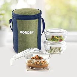 Borosil Ace Borosilicate Glass Lunch Boxes Set of 3 (400 ml Each) with Lunch Bag, Round, Lunchboxes for Office & College, Microwave Safe, Leak Proof (Transparent, Green)-0