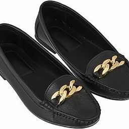 Women's Loafers with Gold Chain Detail, Black Faux Leather, Slip-On Flat Shoes,Non Slipper Sole TPR-image-10