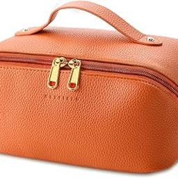 Batfield Cosmetic Bag For Women, Litchi Pu Leather Makeup Pouch For Women, Large Capacity Cosmetic Travel Bag,Portable Makeup Kit Storage Bag With Handle&Divider, Makeup Organizer Bag (Orange), 12 cm-image-91