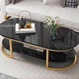 Modern Oval Coffee Table,Marble Top, 2-Tier Storage Shelf, Gold Metal Frame, Living Room Furniture Bedroom and Farmhouse, Center Table (Black & Golden) (Black Gold Morden Coffee Table)-8