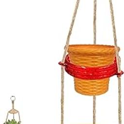 Hanging Planter Pot with Stand – 64 cm Indoor/Outdoor Garden and Home Décoration for Living Room, Kitchen, Bathroom, Balcony, Office (Set of 1 Stand + 2 Plastic Pots) (Orange-Yellow)-image-16