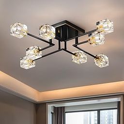OKES - 8 Light Semi Flush Mount Ceiling Light, Modern Black and Gold Crystal Chandeliers, Farmhouse Lighting Fixtures for Dining Room, Living Room, Kitchen, Bedroom, Entryway-picture-16