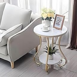 S R A Round Coffee Table with Storage Shelf Simple and Modern Centre Table for Small Space Living Room with Metal Legs, Round Solid Wood, Bedside Table Glossy Finish.Gold White-17