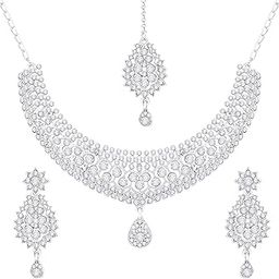 Viva Sparkle Necklace Set with Earrings and Maang Tikka For Women | Perfect Jewellery Set for Party and Special Occassions-image-55