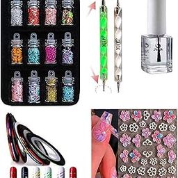 Nail Art 12 Bottle Glitter + 02 Nail Tape + 2 Nail Pen + 1 Nail Polish Shiner Top Coat Glossy Shade + + 04 SHEET Nail Art Sticker (Pack Of 05, 21 pcs )-39