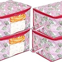 Heart Home Metalic Leafy Print Non Woven 4 Pieces Underbed Storage Bag,Cloth Organiser,Blanket Cover with Transparent Window (Pink)-HHEART16619-image-31
