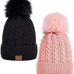 Women's Faux Fur Pom Pom Crochet Knitted Wool Skull Beanie Hat Cap (Black & Pink)-(Pack of 02)-image-59