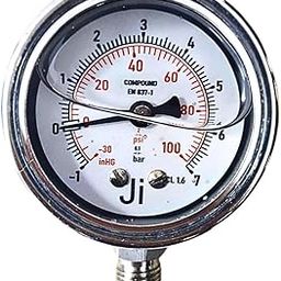 "Ji" Japsin Instrumentation Industrial Glycerin Filled Compound Gauge, 2" (50 mm) Dial, Range -1 to 7 Bar (-30 inHg to 100 PSI), Direct Mounting Bottom Entry, 1/4" BSP (M) Connection, SS Material-3