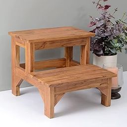 WOODESIGN Solid Sheesham Wood 2 Step Stool for Kitchen | Wooden Foot Rest Stool for Living Room | Rosewood Stepping Footstool/Foot Stool | | Multipurpos Two-Step Stool for Home | Teak Finish-picture-3