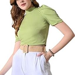 Women's Grey Ribbed Puff Sleeve High Neck Crop Top-image-2
