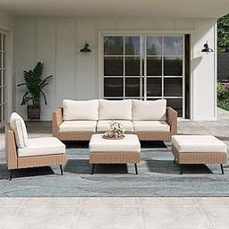 DEVOKO Outdoor Patio Wicker Sectional Sofa Furniture Set HDPE Rattan Couch with Ottoman and Cushions for Porch, Lawn, Garden (Beige and Off-White)-20