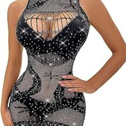 Women Mesh Body Stocking Lingerie Fishnet Dresses Hollow Fishnet Bodysuits Sparkle Rhinestone Stripper Outfits - Black-image-71