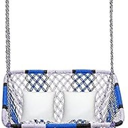 Swingkart Wood & Cotton Two Seater Home Swing & Hammock Chair with Accessories_Blue & White-image-67