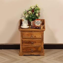 SheeshamCraft Accento Bedside Table with Three Drawer, Smooth Edges, Floor Protector Bush in Natural Honey Oak Colour in Natural Mango Wood with Matte Finish (Mango Wood Colour)-image-14