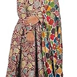 Traditional Kalamkari Print Anarkali Gown, Long Sleeves, Multicolour Floral Design (kathai)-image-28