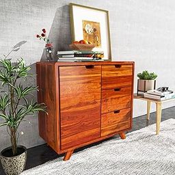 Solid Wood Side Board Cabinet for Living Room |Reception Crockery| Books | Side Cabinet with 3 Drawers & One Cabinet Storage with Adjustable Selves | Sheesham Wood Honey Finish-image-38