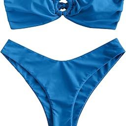 Women's Tie Dye Ribbed O Ring Lace Up Tie Side Bandeau Bikini Set Swimsuit-image-15