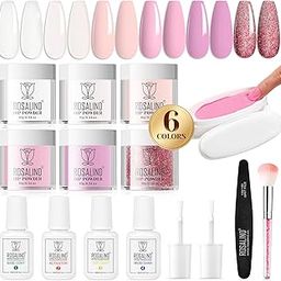 ROSALIND 13PCS Dip Powder Nail Starter Kit, 6 Colors Dip Powder Nail Kit Multi-Color Series Nail Dip Powder Colors Set with Base & Top Coat, Brush Restorer and Activator Air Drying-image-95