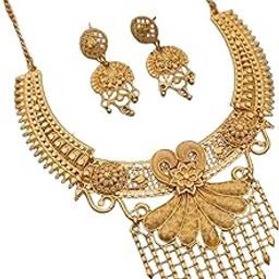 Unique Gold Finish Alloy Necklace for Girls & Women | Fashionable Traditional Pendant Necklace | Jewelry for Indian Outfits-image-3