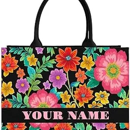 rerden Personalized Floral Canvas Tote Bag, Black with Colorful Blooms Pattern, Double Handle Shopping Handbag, Customizable Name-picture-31
