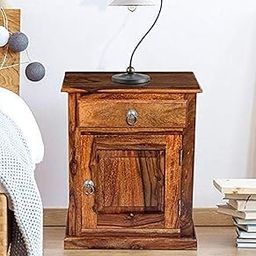 Woodkoof Sheesham Wood Bedside Table Solid Wooden Drawer & Cabinet Storage Bed Side End Tables Night Stand Furniture for Home Living Room Bedroom | Finish- Honey Teak Finish |-17